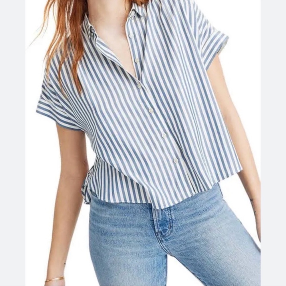 Madewell Hilltop Shirt - Blue & White Striped Short Sleeve Collared Button Down